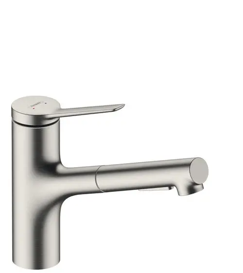 Hansgrohe Spültischmischer in Edelstahloptik mit einem Hebel und einem Auslauf für eine flexible Nutzung. Designsprache ist funktional und modern.